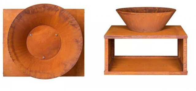 Jardín al aire libre Rusty Corten Steel Fire Bowl moderno con almacenamiento del registro