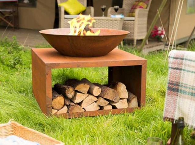 Jardín al aire libre Rusty Corten Steel Fire Bowl moderno con almacenamiento del registro