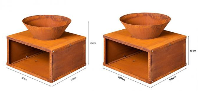 Jardín al aire libre Rusty Corten Steel Fire Bowl moderno con almacenamiento del registro