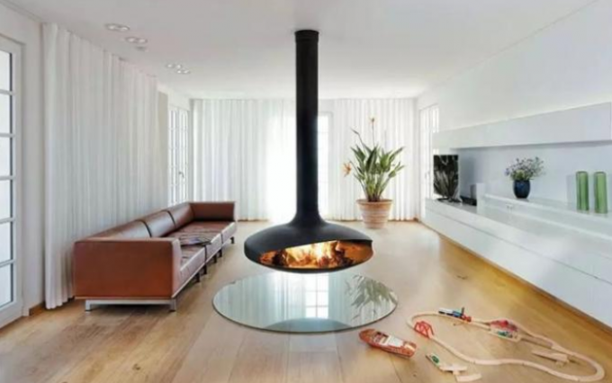 Chimenea de madera giratoria suspendida interior de la ejecución de acero de la estufa de la calefacción del hotel
