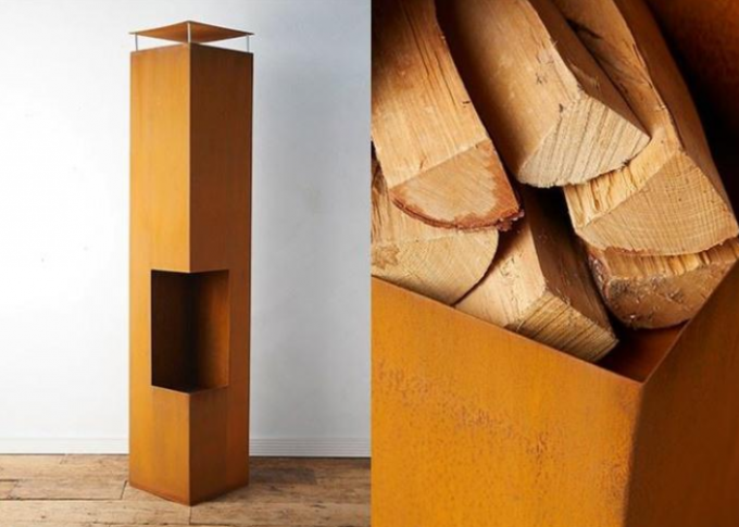 La construcción rectangular oxidó la madera al aire libre de acero de la chimenea de Corten que quemaba Chiminea