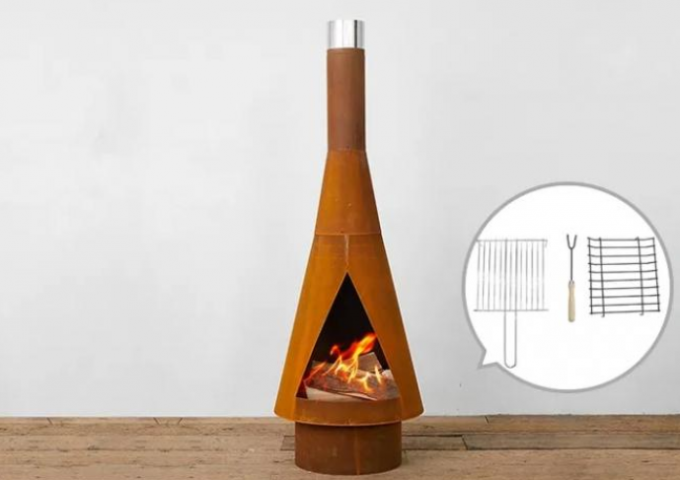 Obelisco anguloso de acero rústico Chiminea de Corten de la chimenea ardiente de madera al aire libre