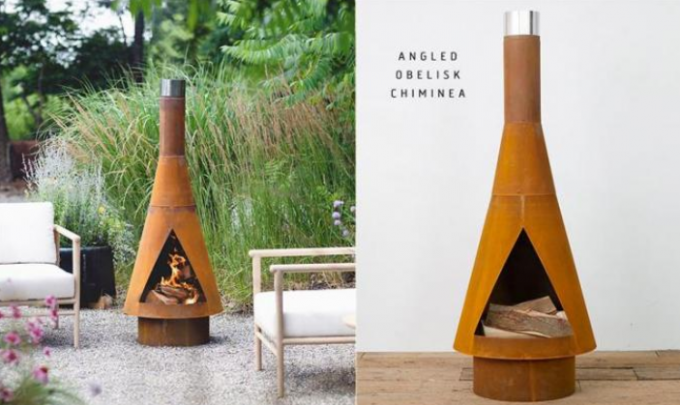 Obelisco anguloso de acero rústico Chiminea de Corten de la chimenea ardiente de madera al aire libre