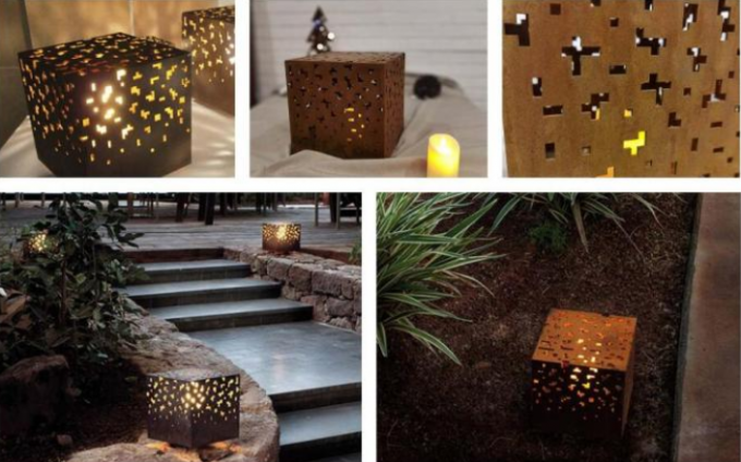 Luz geométrica al aire libre de Rusty Corten Steel Outdoor Floor con pantalla cúbica