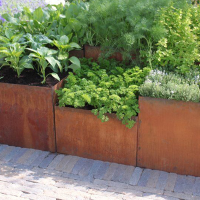 El metal que planta los potes grandes del jardín interior al aire libre rectangular del plantador de la caja florece