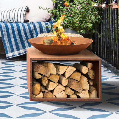 Fuego de acero al aire libre Pit Large Corten Steel Brazier con el estante de madera del almacenamiento