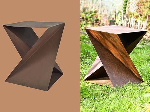 El sistema al aire libre de acero geométrico diseñado de los muebles de Corten incluye la tabla y taburetes